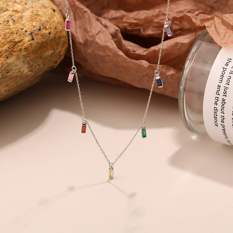 FX1018 925 Sterling Silver Rainbow Baguette Tassel Necklaces