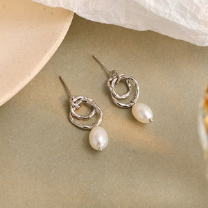 FE2493 925 Sterling Silver Multilayer Circle Pearl Dangle Earrings