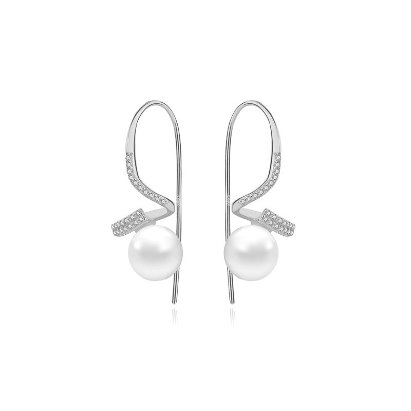 FE2706 925 Sterling Silver Twisted Micropaved Zirconia Shell Pearl Stud Earrings