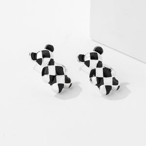 FE2630 925 Sterliang Silver Enamel Checkerboard Enamel Bear Stud Earring