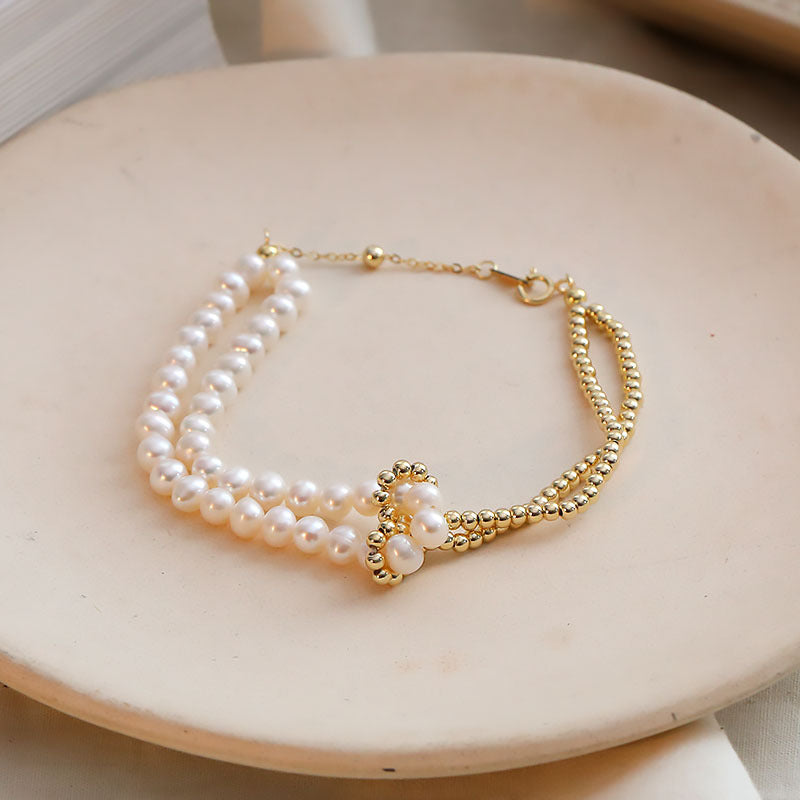 FS0358 925 Sterling Silver Layered Chain Pearl Beads Bracelet