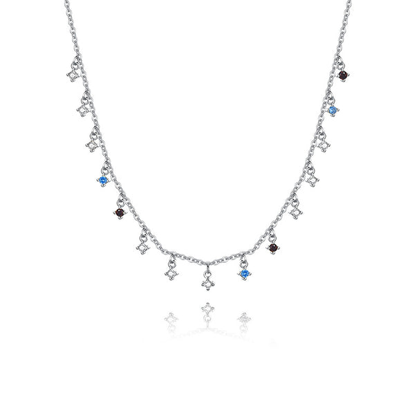 FX1009 925 Sterling Silver Rainbow Cubic Zirconia Tassel Clavicle Necklaces