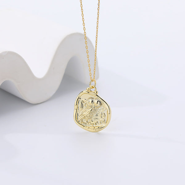 FX0976 925 Sterling Silver Antique Gold Irregular Coin Owl Necklace