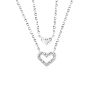 FX1060 925 Sterling Silver Double Stacked Pave CZ Heart Necklace