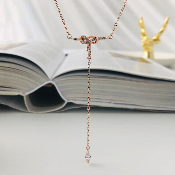 FX1047 925 Sterling Silver Cubic Zirconia Simple Tassel Bow Necklace