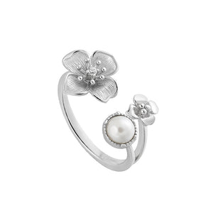 RHJ1194 925 Sterling Silver Cubic Zirconia Pearl Flower Open Ring