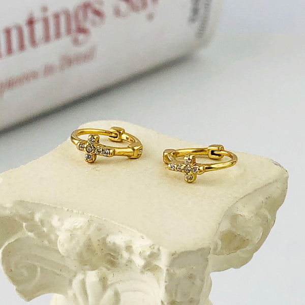 FE2552 925 Sterling Silver Dainty Cross CZ Stone Hoop Earring