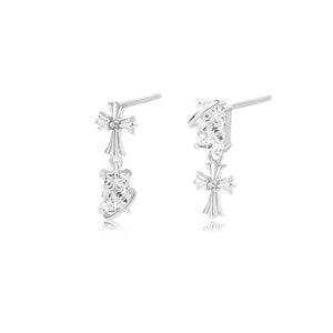 FE2650 925 Sterliang Silver Asymmetric Zircon Cross Dangle Stud Earring