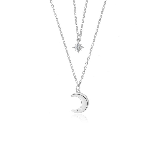 FX1021 925 Sterling Silver CZ Crescent Moon Star Stackd Necklaces