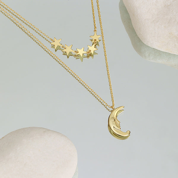 FX1155 925 Sterling Silver Layer Star and Crescent Moon Necklace