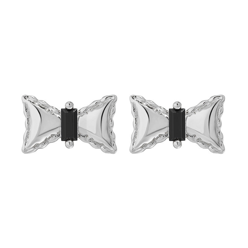 RHE1336 925 Sterling Silver Personalized Black Zircon Bow Stud Earrings
