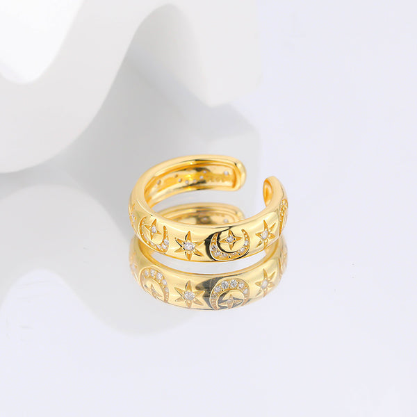 FJ0866 925 Sterling Silver Pave Moon Star Ring