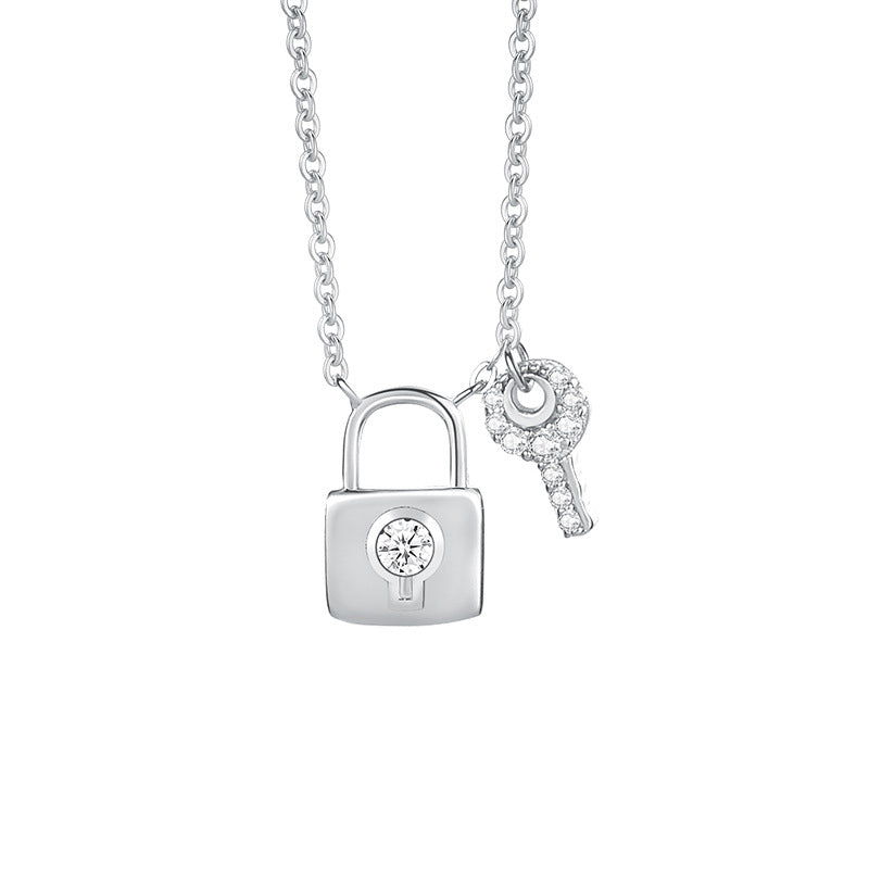 FX1119 925 Sterling Silver CZ Zircon Lock Key Pendant Necklace