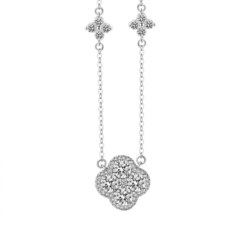 FX1248 925 Sterling Silver Pave Clover Pendant Necklace