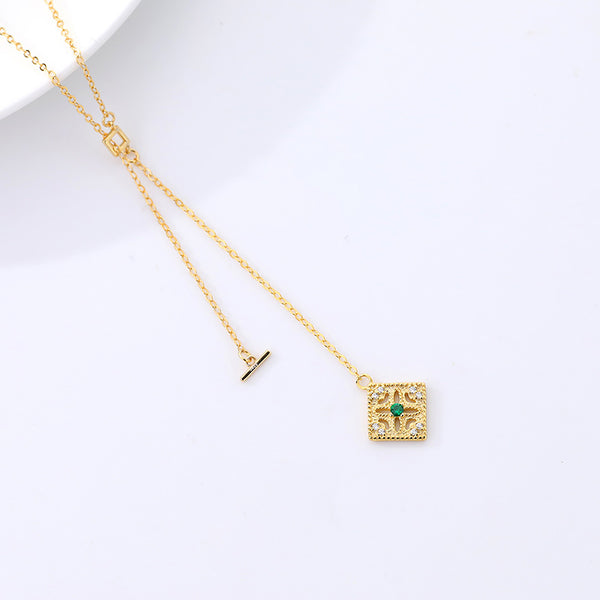 FX1102 925 Sterling Silver Vintage Emerald Rhombus Tassel Necklace