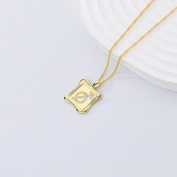 FX1108 925 Sterling Silver CZ Zodiac Symbol Square Pendant Necklace