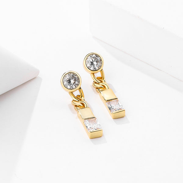 FE2632 925 Sterliang Silver Chain Square Zircon Dangle Stud Earring