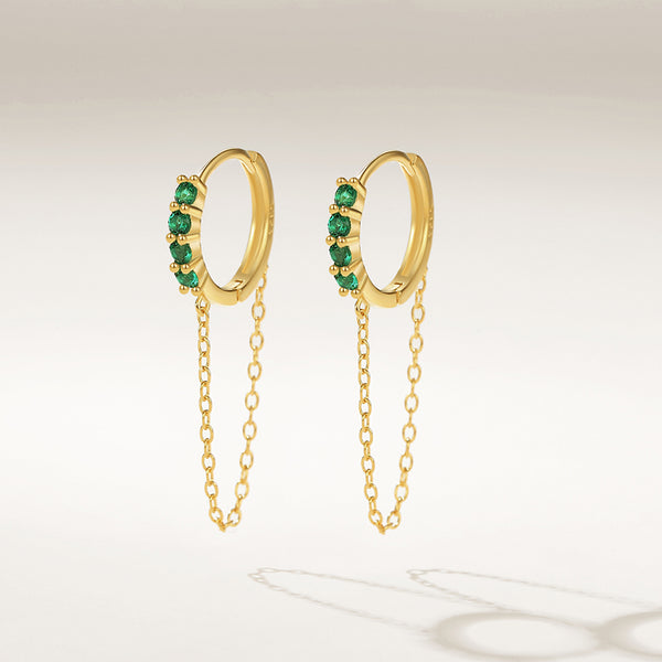 FE2286 925 Sterling Silver Green CZ Chain Hoop Earrings