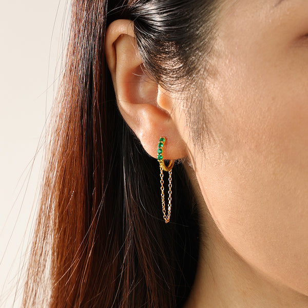 FE2286 925 Sterling Silver Green CZ Chain Hoop Earrings