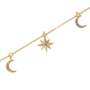 FX1160 925 Sterling Silver Star and Crescent Moon Charms Pendant Necklace