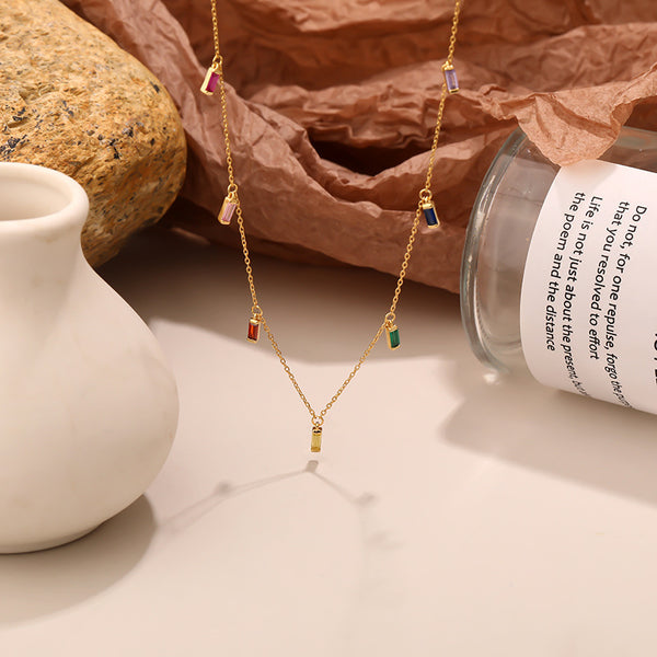FX1018 925 Sterling Silver Rainbow Baguette Tassel Necklaces