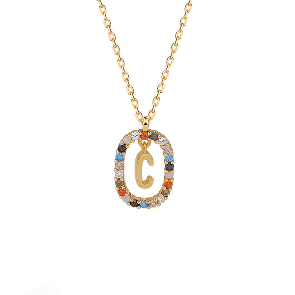 FX0991 925 Sterling Silver Spanish Alphabet Rainbow Zirconia Oval Pendant Necklaces