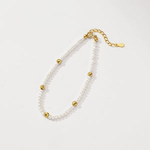PB0100 925 Sterling Silver Freshwater Pearl Gold Beaded Bracelet