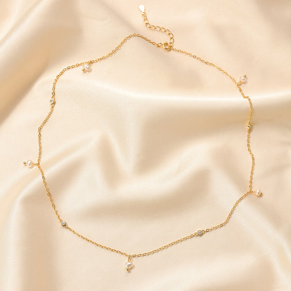 PN0247 925 Sterling Silver Layered Freshwater Pearl Char Beaded Necklace