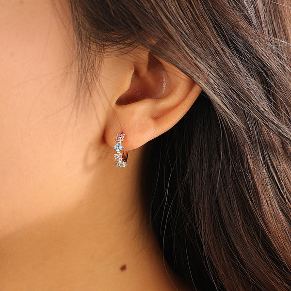 VFE0149 Pink Blue CZ Quartet Flower Huggie Hoop Earring