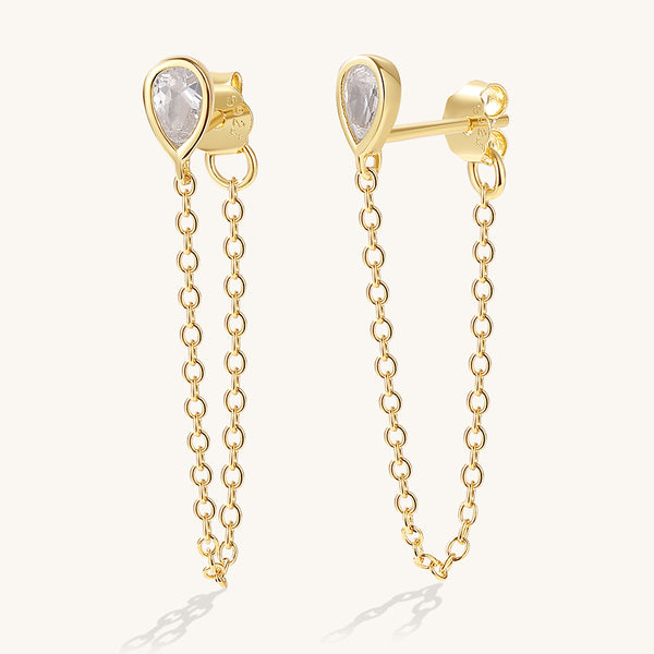 FE2055 925 Sterling Silver Pear Cubic Zirconia Chain Stud Earrings