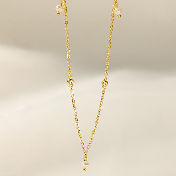 PN0247 925 Sterling Silver Layered Freshwater Pearl Char Beaded Necklace