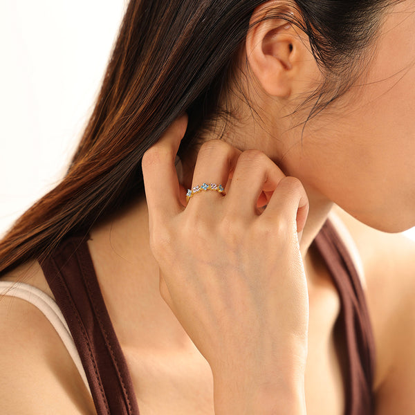 VFJ0148 Quartet Pink Blue Flower Cubic Zirconia Women Ring