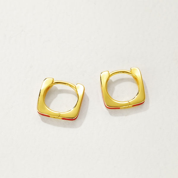 FE2889 925 Sterling Silver Red Enamel Square Hoop Earrings