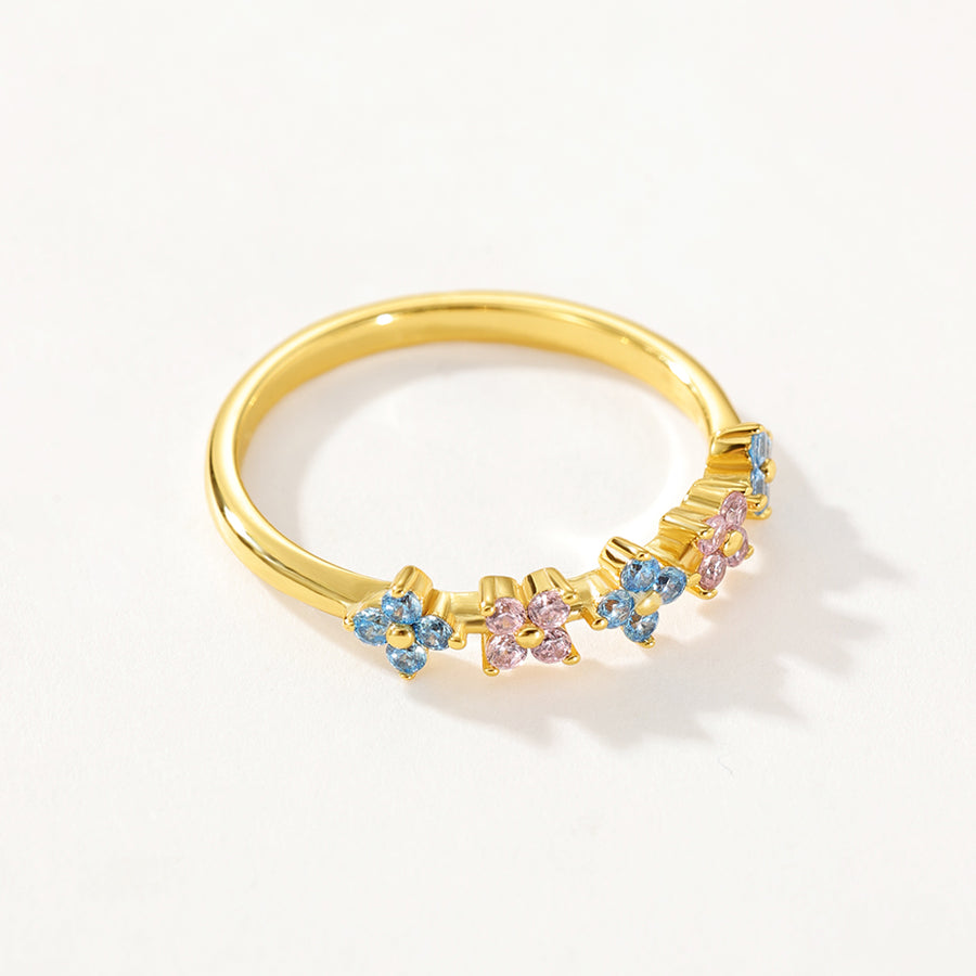 VFJ0148 Quartet Pink Blue Flower Cubic Zirconia Women Ring