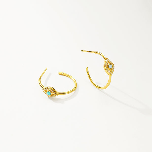 FE2902 925 Sterling Silver Blue Opal Evil Eye Hoop Earring