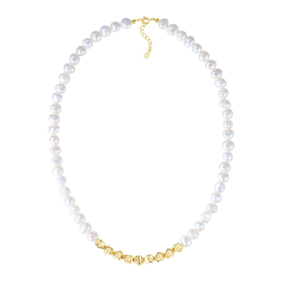 PN0179 925 Sterling Silver Gold Bead Freshwater Pearl Necklace