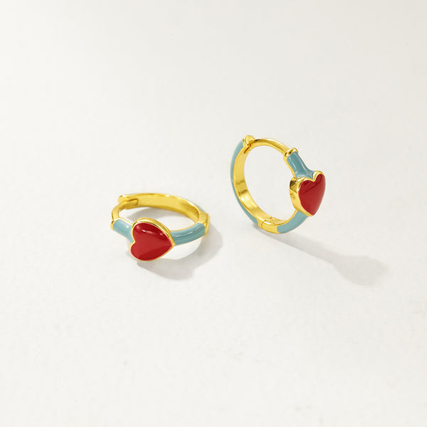 FE2871 925 Sterling Silver Enamel Red Heart Hoop Earrings