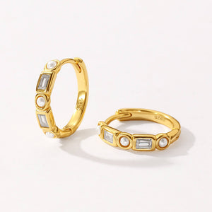 VFE0472 Alternating Baguette Zircon & Round Pearl Hoop Earring