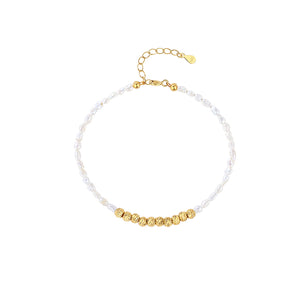 PB0101 925 Sterling Silver White Freshwater Pearl Gold Bead Bracelet