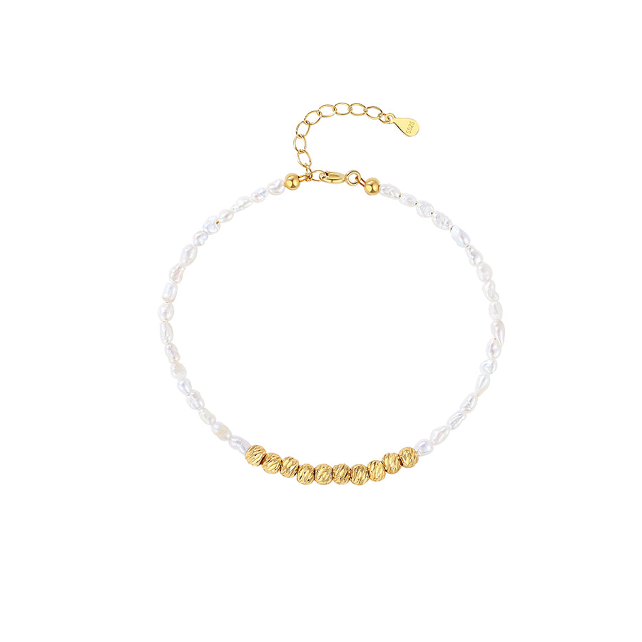 PB0101 925 Sterling Silver White Freshwater Pearl Gold Bead Bracelet