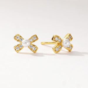 FE3486 Minimalist Pave CZ Bow Stud Earrings With Shell Pearl