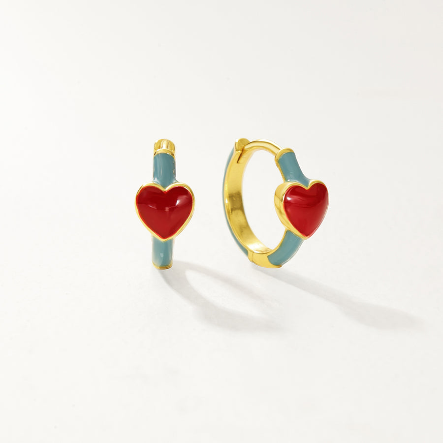 FE2871 925 Sterling Silver Enamel Red Heart Hoop Earrings