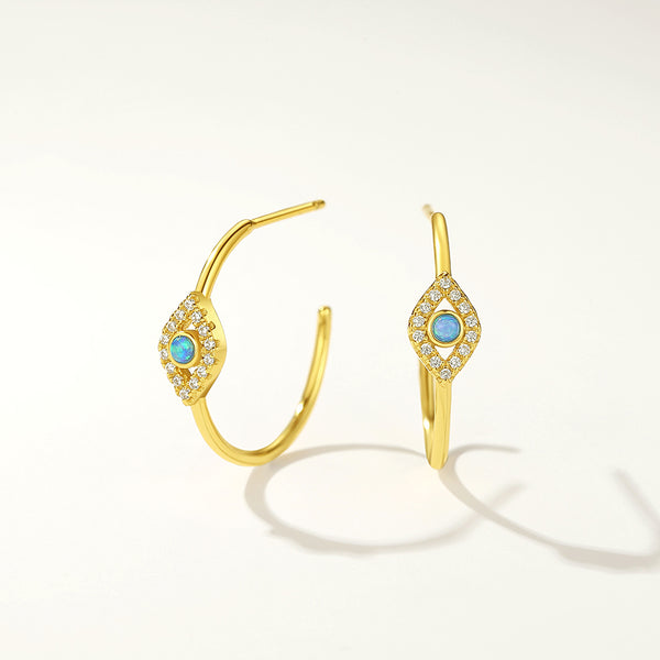 FE2902 925 Sterling Silver Blue Opal Evil Eye Hoop Earring