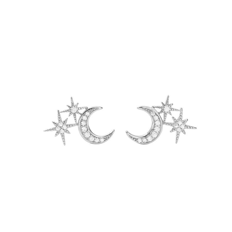 FE2962 925 Sterling Silver Star Crescent Stud Earrings