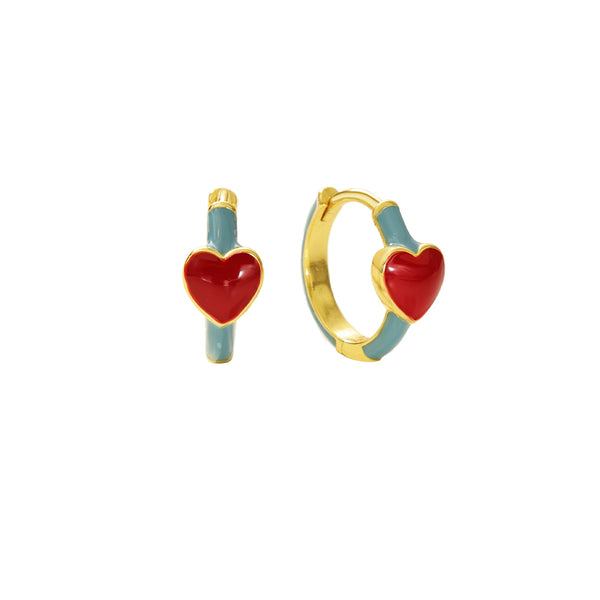 FE2871 925 Sterling Silver Enamel Red Heart Hoop Earrings