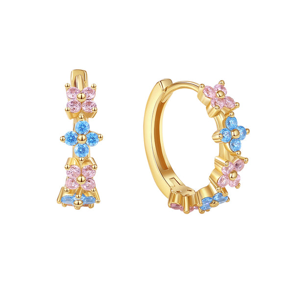 VFE0149 Pink Blue CZ Quartet Flower Huggie Hoop Earring