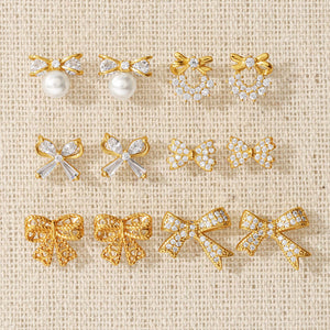 FE3486 Minimalist Pave CZ Bow Stud Earrings With Shell Pearl