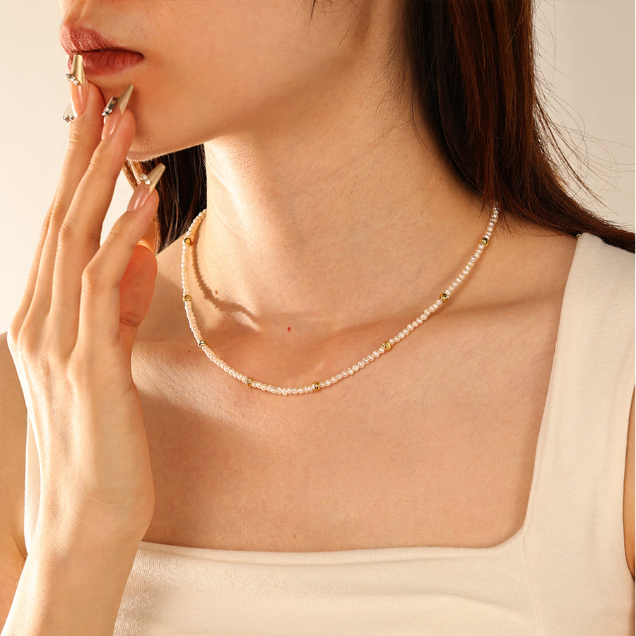 PN0178  925 Sterling Silver Freshwater Pearl Gold Bead Necklace