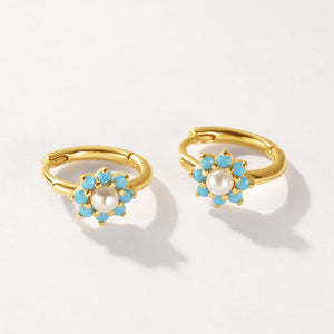 VFE0512 Flower Blue Opal Pearl Hoop Earrings