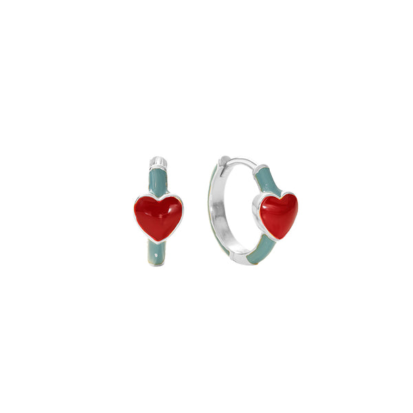 FE2871 925 Sterling Silver Enamel Red Heart Hoop Earrings